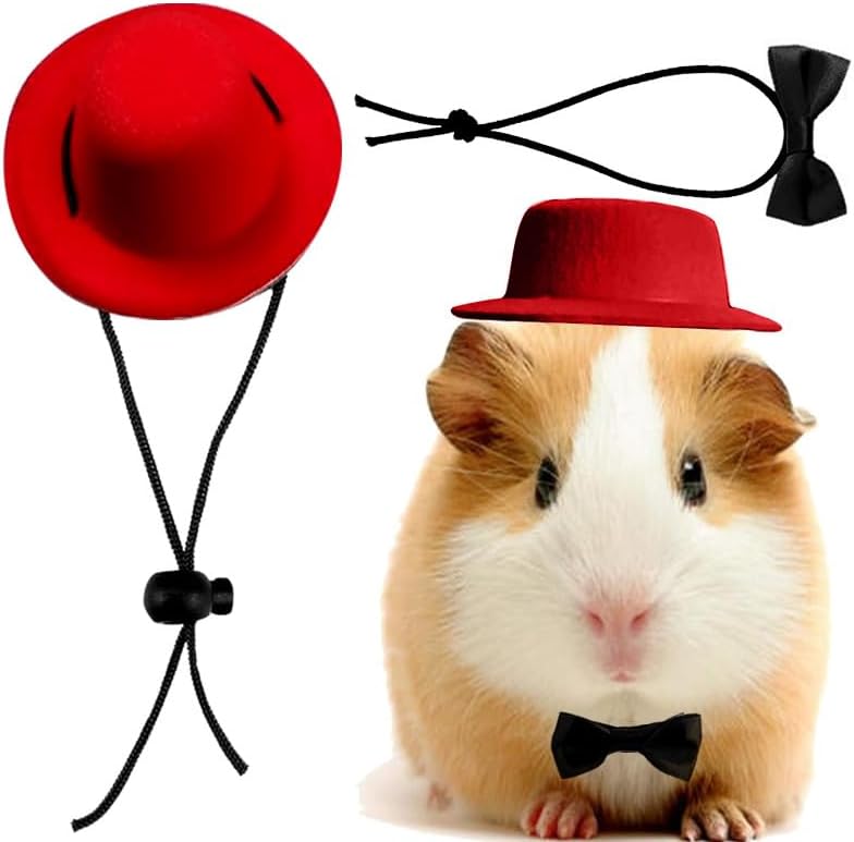 hokable 2pcs Guinea Pig Clothes Small Animal Bow Tie Pet Hat Costume Set Role Play Cute Pet Hat Bow Tie for Hamster Guinea Pig Rabbit Chinchilla Hedgehog（Red hat + Black Bow tie） - Image 1
